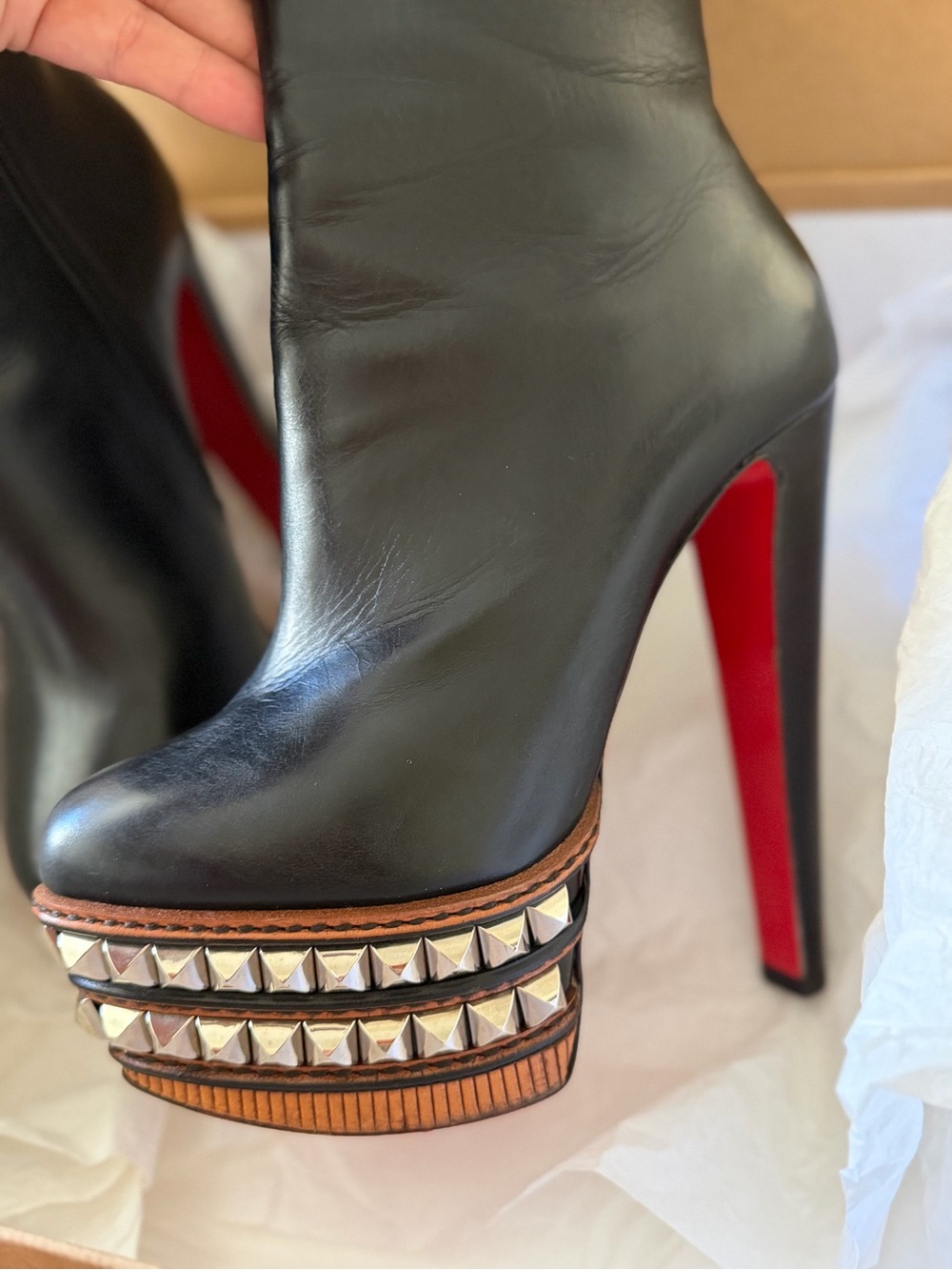 Christian Louboutin Taclou Booty Black Leather Studded Platform Zip Boots US 7.5 - Picture 3 of 9